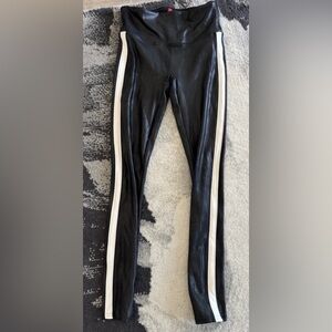 Spanx Black Faux Leather Leggings with White Side Stripe Size S